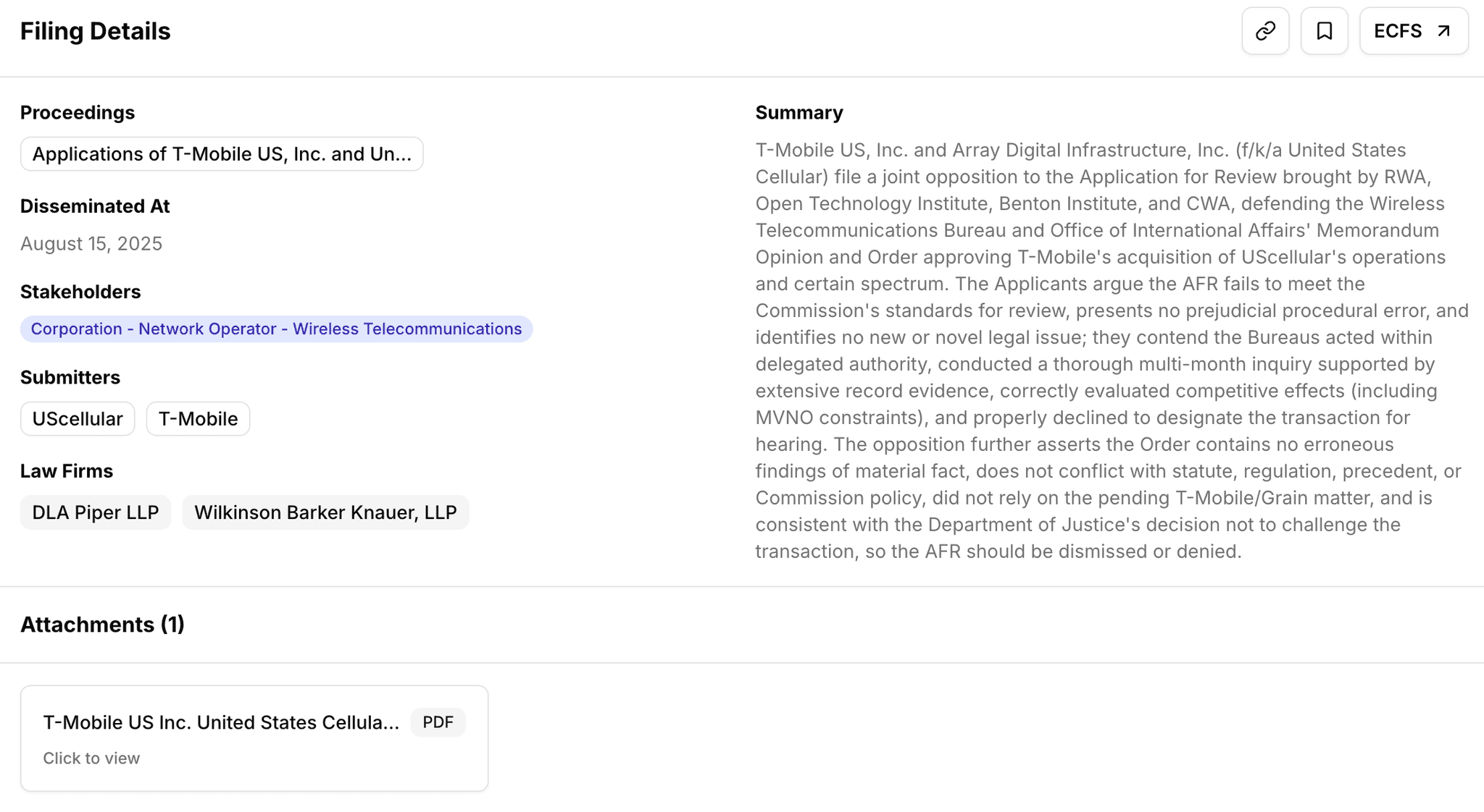 Filing analysis interface with AI summary and embedded PDF viewer